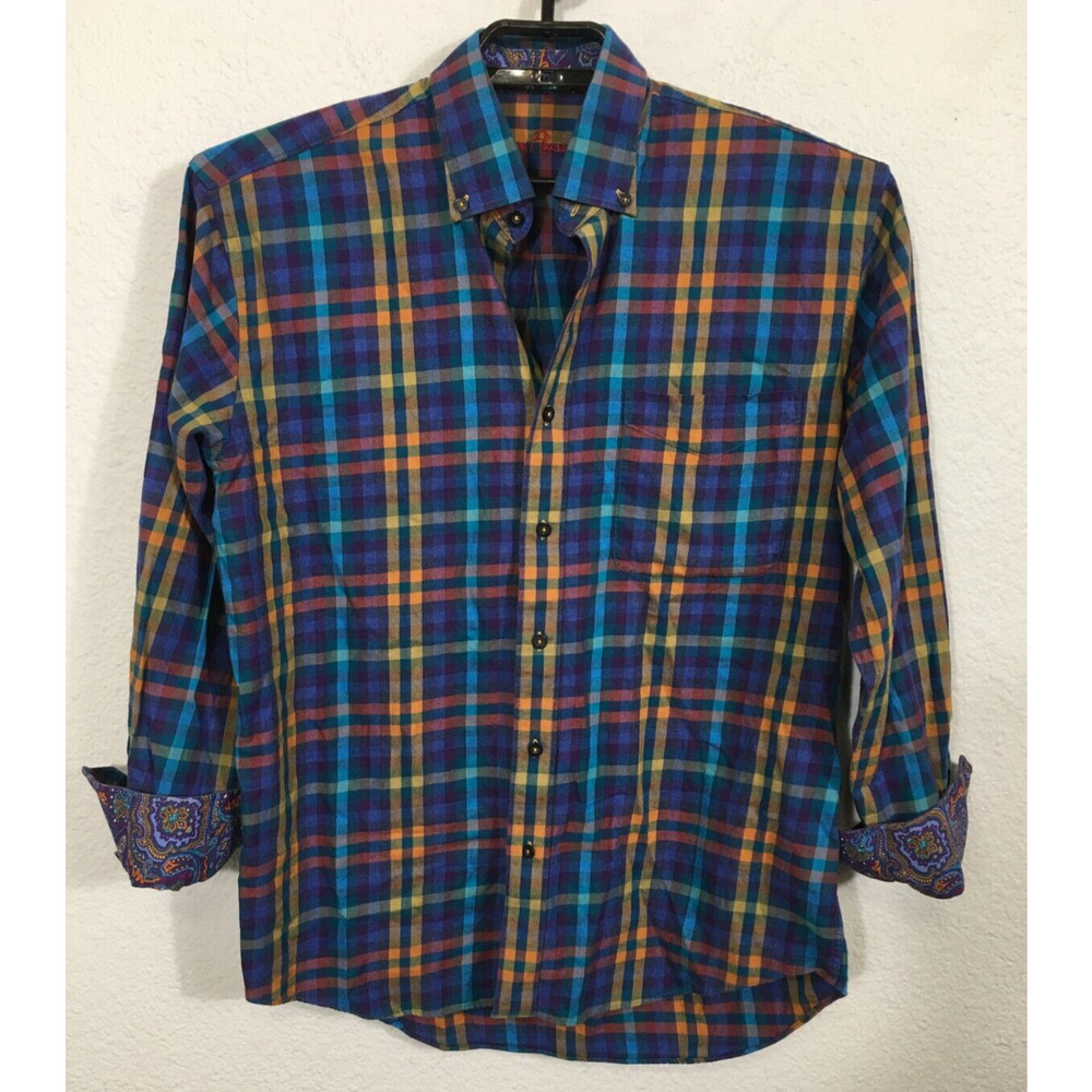 Alan Flusser Shirt Mens Medium Multicolor Plaid Long Sleeve Flip‎ Cuff Button Up
